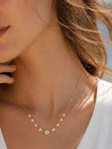 1 buah Kalung Minimalis Bertingkat dengan Kristal Bertatahkan Emas, Kalung Choker Melengkung Zirkonia Bulat, Kalung Halus untuk Pesta Sehari-hari - Emas - View 2