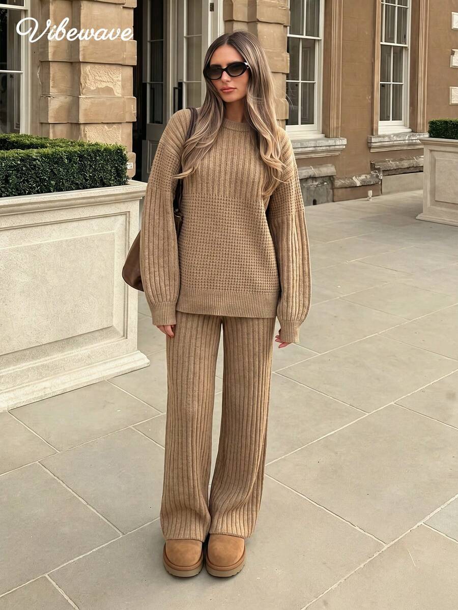 VIBEWAVE Khaki Waffle Knit Crew Neck Loose Sweater & Vertical Rib Wide Leg Pants 2pcs Set For Women, Lazy Minimalist Style, Autumn/Winter Home, Commute, Shopping Outfit - Brown - View 1