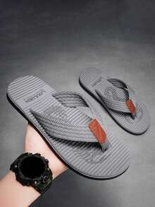 Men's Colorblock Geometric Pattern Sole, Multi-Layer Edged Flat Design, Lightweight Soft Versatile Casual Beach Flip Flops For Home, Walking, Beach Vacation - Grey - View 1