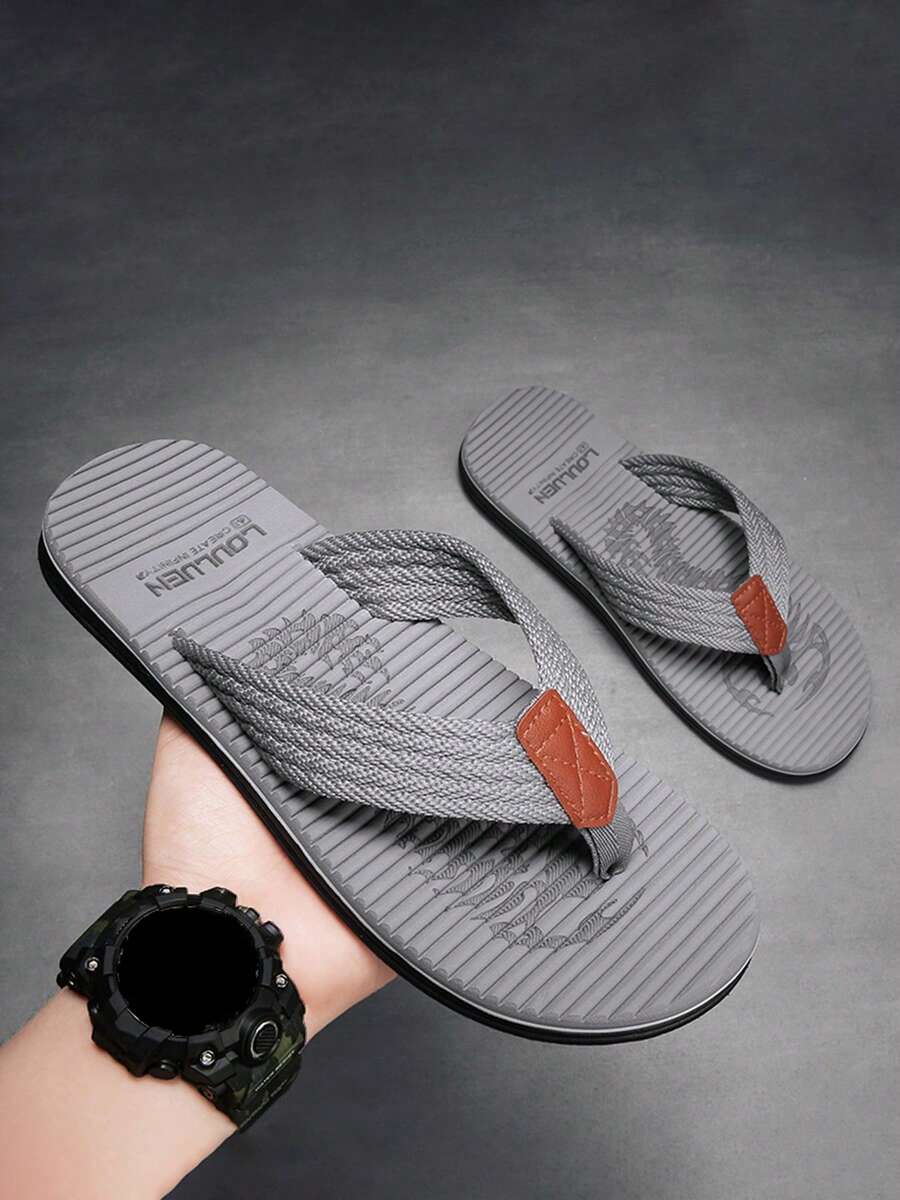 Men's Colorblock Geometric Pattern Sole, Multi-Layer Edged Flat Design, Lightweight Soft Versatile Casual Beach Flip Flops For Home, Walking, Beach Vacation - Grey - View 1