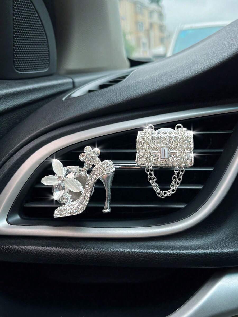 2pcs Rhinestone Decor High Heel & Bag Design Car Air Outlet Ornament - Silver - View 1