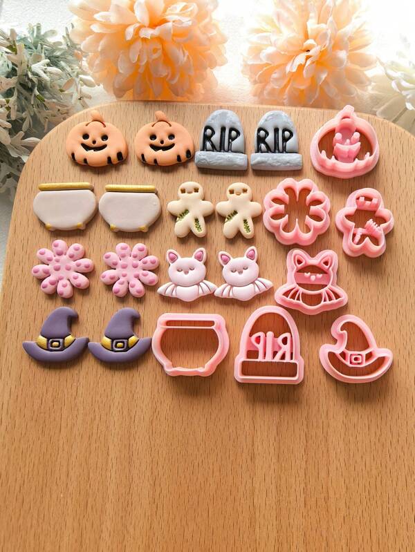 Mini Halloween Series Polymer Clay Cutting Molds Pumpkin Tombstone Gingerbread Man Bat Kitten Witch Hat Shapes, Suitable For Making Earrings, Brooches, Pendants And Other DIY Crafts. High Precision Soft Clay Cutting Molds.