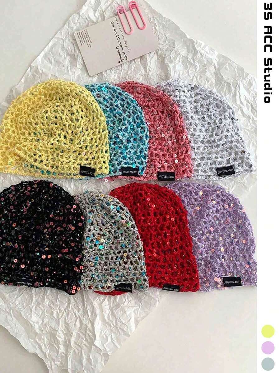 Black Label With Sequin Lettering, Handmade Woven Sequin Hollow Mesh Hat For Women, Fashionable Retro Versatile Beanie, Face-Slimming Knit Cap, Hollow Sequin Cold Weather Hat, Niche Design, Sweet And Cool Beanie, Lace Hat, Sweet And Hot Girl Mesh Hat, Handmade Woven Hollow Crochet Beanie For Women, Spring/Summer Retro Artistic Thin Breathable Beanie