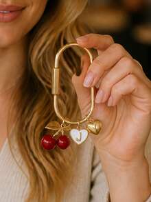 Red Cherry Letter Keychain Bag Pendant,Feature Golden Heart And White Border Letter Heart Pendant,Car Keychain,Bag Accessories,Decorative Pendant - Multicolor - View 7