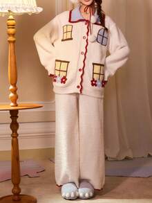 Gongdie 2 Pieces Christmas Flannel Pajamas For Women,Winter White Soft Thick Plush Loungewear With Pocket - Beige - View 5