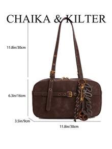 CHAIKA & KILTER 1件裝純色麂皮布料女款復古時尚啞光保齡球包，對比色絎縫線條，雙手柄設計，拉鍊開合，適合日常與街頭使用（附吊飾） - 咖啡 - 查看 3