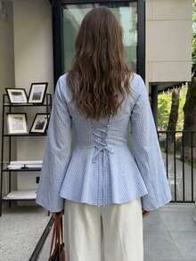 Plaid Polyester Back Tie Shirt For Vacation, Office, Daily Wear, Date, Airport Outfit, Travel, Spring, Autumn, Winter - Light Wash - View 3