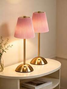 Pleated Fabric Lampshade LED Desk Lamp, Rechargeable Touch Wireless Table Lamp, Modern Metal Bedside Night Light, Home Bedroom Dining Room Decorative Atmosphere Light - One Size Fits All - View 1