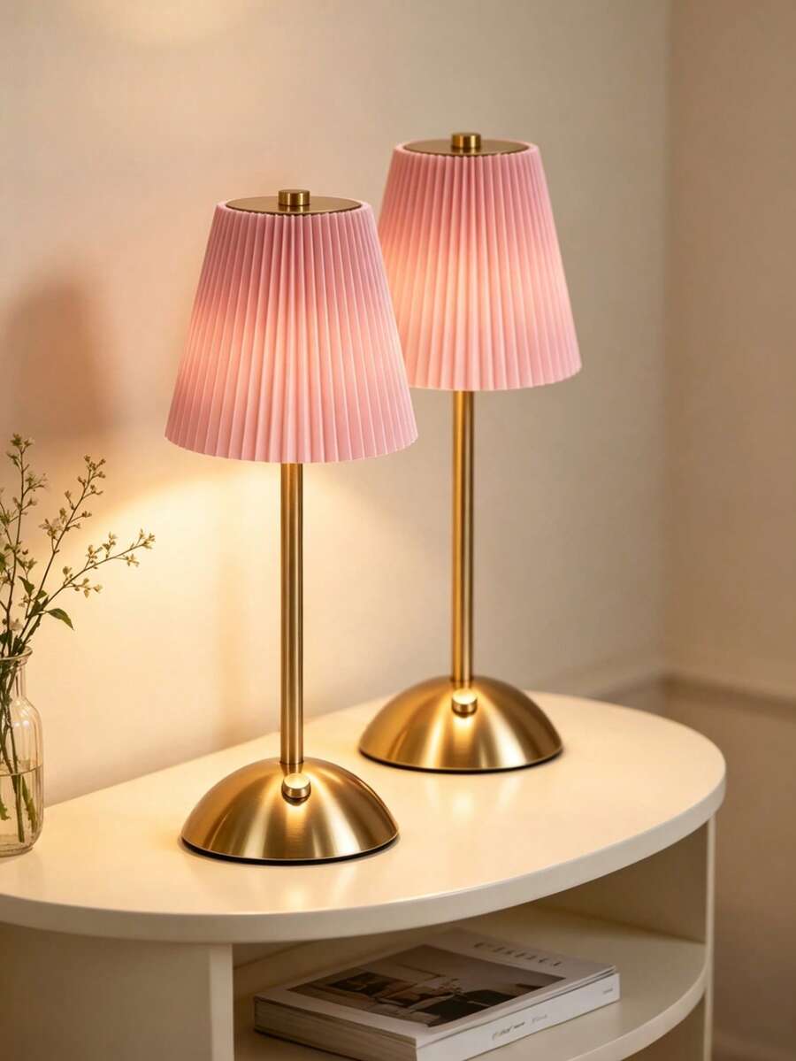 Pleated Fabric Lampshade LED Desk Lamp, Rechargeable Touch Wireless Table Lamp, Modern Metal Bedside Night Light, Home Bedroom Dining Room Decorative Atmosphere Light - One Size Fits All - View 1