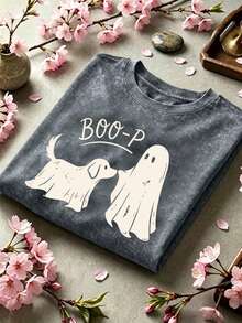 女款大尺碼「Boo-P」幽靈狗舒適水洗 T 恤，趣味萬聖節狗媽媽上衣，灰色上衣 - 鐵灰色 - 查看 4