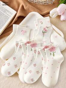 10 Pairs White And Pink Girls' INS Style Short Floral Bow Pattern Socks, Moisture-Wicking, Comfortable Mid-Calf Socks, Suitable For Daily Wear, Spring And Summer - Multicolor - View 6