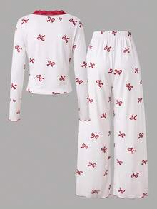 Autumn/Winter Girls' Red Bow Full Printed Lace Long Sleeved Long Pants Pajamas 2 Pieces Set,Soft Fabric,Girls' Leisure And Entertainment Home Clothes - White - View 4
