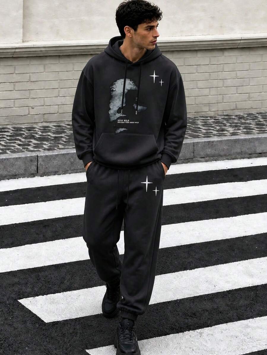 Set Hoodie dan Celana Jogging Pria Zrgoth Gaya Kasual Street Chic dengan Motif Potret Abstrak