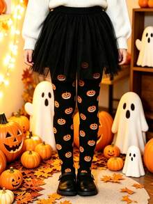Halloween Pumpkin Print Cartoon Pattern Kids Tights, Cosplay Witch Accessory - Black - View 1