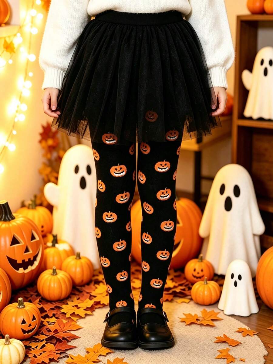 Halloween Pumpkin Print Cartoon Pattern Kids Tights, Cosplay Witch Accessory - Black - View 1