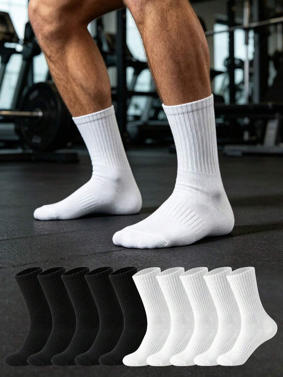 1/5/10/20 Pairs Men's Thick Comfortable Sports Socks, Ribbed Cushioned Mid-Calf Socks, Heavy-Duty Workout Fitness Training Athletic Socks, Suitable For Daily Wear - Multicolor - View 1