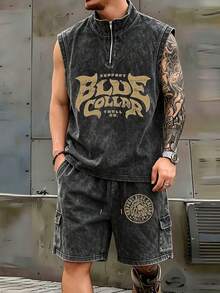 [Simple]Men's Retro Washed Half-Pan Zipper Vest And Cargo Shorts Set, Summer Men's Printed Set, Comfortable Summer Streetwear - Black - View 1