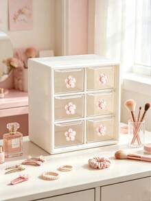 Sweet Style Multi-Compartment Drawer Storage Box, Jewelry And Cosmetic Organizer, Cream White Shell With Delicate Floral Accents, Transparent Drawers For Easy Visibility. Multi-Compartment Design For Categorized Storage Of Hair Ties, Hair Clips, Earrings, Jewelry, And Makeup Tools, Say Goodbye To Desktop Clutter. Compact Design Doesn't Take Up Much Vanity Space, Smooth Sliding Drawers, Combines Aesthetics And Practicality, Perfect Storage Item For Girls' Bedroom Desk, Keeps Small Items Neatly Organized. - Multicolor - View 11