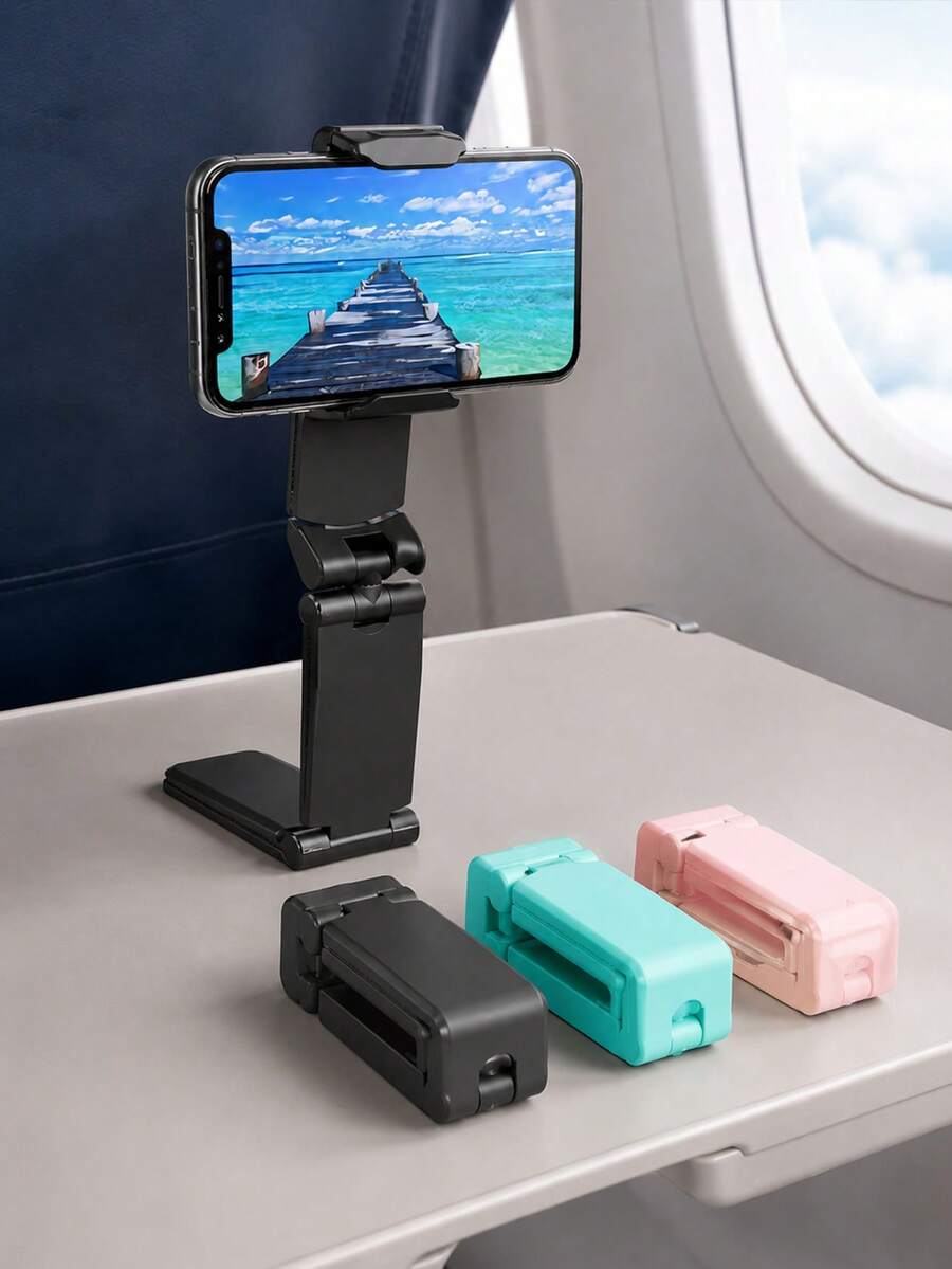 Desktop Airplane Phone Stand, Portable Travel Folding Adjustable Rotating Selfie Stand, Suitable For Desktop, Train Seat, Luggage, Kitchen Cabinet, Durable Plastic Structure, Compact Folding Phone Hook, Universal Phone Stand For Travel - View 1