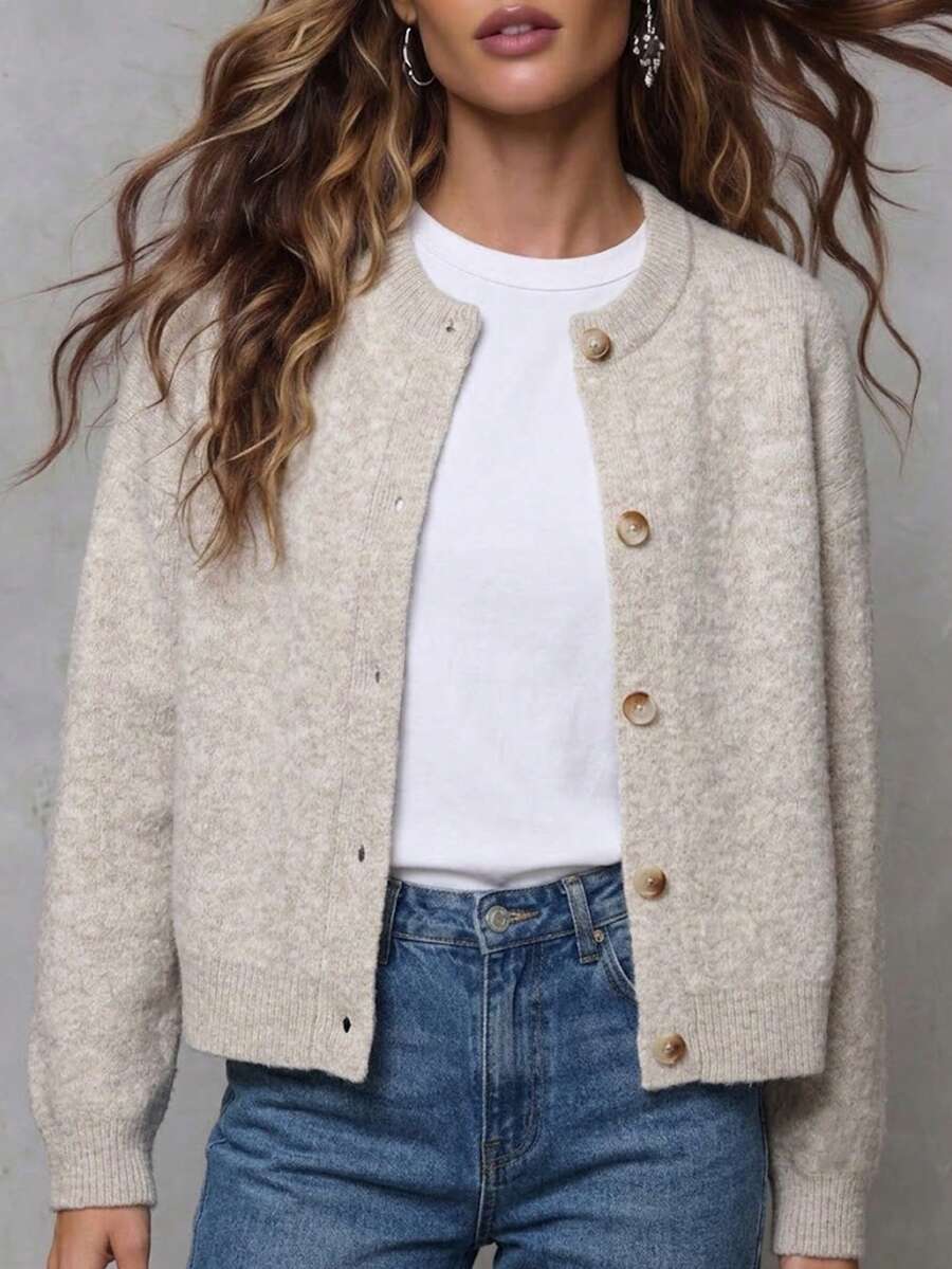 Cardigan Pullover Wanita Kasual Elegan Regular Fit Warna Polos Kancing Tunggal Lengan Panjang Leher Bulat Bahu Jatuh Musim Gugur