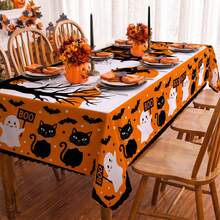 1pc Halloween Pumpkin Ghost Bat Print Rectangular Tablecloth, Suitable For Holiday, Party, Birthday, Dinner, Restaurant Table Decor, Autumn/Winter Home Decoration - Multicolor - View 3