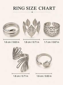 Stainless Steel European & American Vintage 5pcs Personalized Ring Set, Snake & Leaf Hollow Texture Open Rings, Women's Minimalist Versatile Stackable Street Style Daily Fashion Jewelry - Geometric 5-piece - View 5