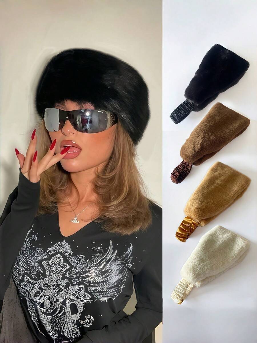 Women's Autumn/Winter Faux Rabbit Fur Wide Band Windproof Headband, Winter Warm Ear Warmer Elastic Hair Band, Suitable For Daily Wear - Multicolor - View 1