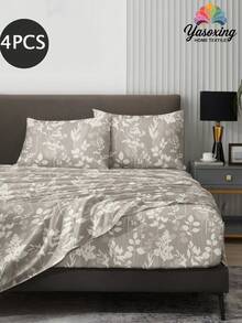 4-Piece Branch And Leaf Pattern Bedding Set, Made Of Easy-Care Fabric, Soft And Comfortable. Set Includes: 1 Flat Sheet, 1 Fitted Sheet, 2 Pillowcases. Suitable For King, Queen, Full, Twin Sizes, Fitted Sheet Fits Up To 11.8-Inch Mattress. Fabric Is Soft, Breathable, And Wrinkle-Resistant - Grey - View 2