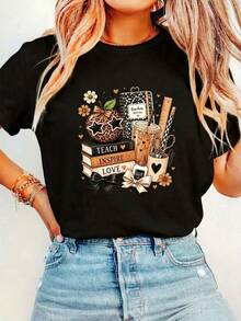 Plus Size Women's Casual Leopard Print Apple Graphic Round Neck Short Sleeve T-Shirt Top For Spring/Summer/Autumn - Black - View 1