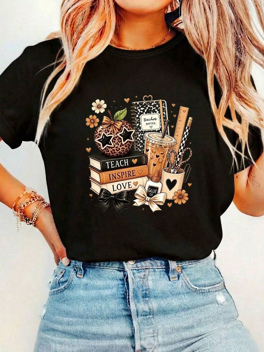 Plus Size Women's Casual Leopard Print Apple Graphic Round Neck Short Sleeve T-Shirt Top For Spring/Summer/Autumn - Black - View 1