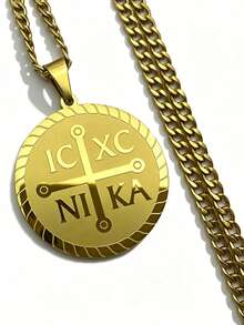 Orthodox Faith Cross Pendant Necklace For Men And Women, Engraved Classic IC XC NIKA Symbol, Vintage Religious Cross Round Pendant, Hip Hop Cuban Chain Street Style Neck Accessory, Personalized Neck Chain Blessing Accessory Conveying Faith Power - Pendant Necklace - View 7