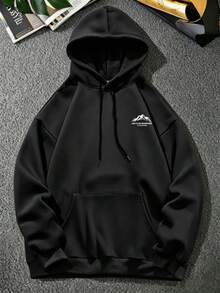 AnChiStreetwear--大尺碼男士秋冬極簡山脈印花口袋抽繩連帽衛衣，長袖上衣 - 黑色 - 查看 2