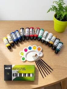 14 Colors Fabric Acrylic Paint Set With Brushes & Palette Permanent Waterproof For T‑Shirt Shoes Bags - Painting Set - View 2