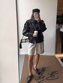 Liorin Autumn/Winter New Women's European And American Style Fashion Minimalist Versatile Lychee Grain Leather Stand Collar Jacket - Black - View 7