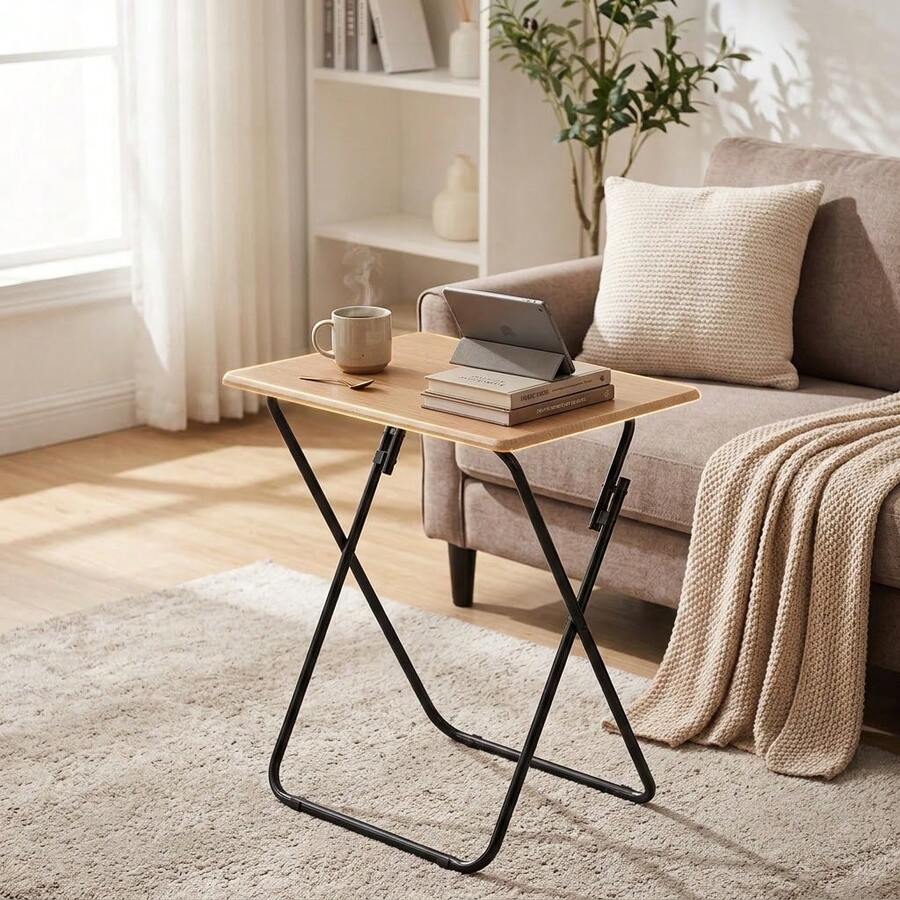 AURA DECO - Mesa Auxiliar Plegable de Metal Y Madera 48x38x66 cm. Mesa Multifunción Portátil, Resistente y Estable para Cocina, Terraza, Jardín o Patio. - Albaricoque - Ver 1