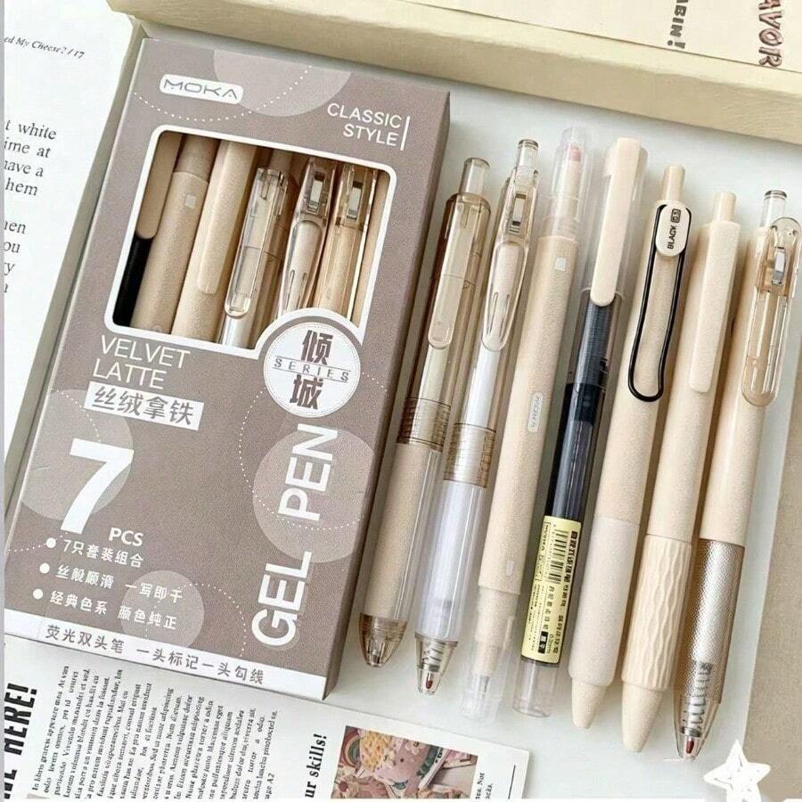 7pcs Gel Pen Set, ST Tip Quick-Dry Black Ink, Retractable Hybrid Ink Pen, Waterproof, Soft Grip, Smooth Fine Tip Writing Stationery, Suitable For School Office Supplies, Back To School Essentials - Multiple Styles - View 1