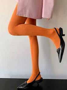 1件裝橘色高腰彈性女款緊身褲，時尚顯高修身長褲，萬聖節裝扮 - 橘色 - 查看 5