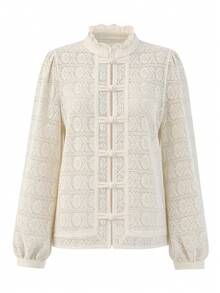 Women's Semi-Sheer Lace Stand Collar Ruffle Puff Long Sleeve Blouse, Bohemian, Napoleon Style Button-Up Casual Top - Beige - View 6
