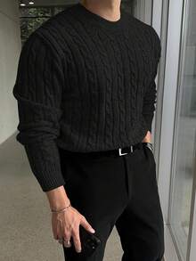Men's Cable Knit Sweater, Soft Textured Crew Neck Pullover, Business Casual Long Sleeve Top, Suitable For Office, Work, Dates And Autumn/Winter Daily Wear - Black - View 5