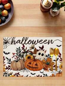 2/4/6Pcs Placemats, Fall Halloween Pumpkin Ghost Sunflower Spider Web Thanksgiving Dining Table Place Mats Party Home Decor - White - View 6