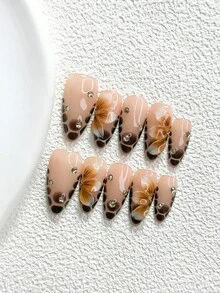 10 piezas de uñas postizas de estilo soñador con mariposa de tono oscuro, set de arte de uñas de poligel, diseño de flor de tres pétalos, esmalte de uñas marrón, estilo de mariposa caramelo, incluye herramientas para uñas, 3 tamaños disponibles, forma almendra/pato/ataúd, adecuado para fiesta, baile, uso diario - Multicolor - Ver 19