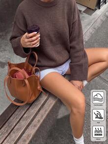 Sweater Rajut Longgar Wanita Warna Cokelat Tua Polos dengan Kerah Bulat dan Bahu Jatuh, Atasan Rajut Minimalis Warna Bumi, Cocok untuk Jalan-jalan di Kampus dan Makan Malam Thanksgiving - Coffee Brown - View 2