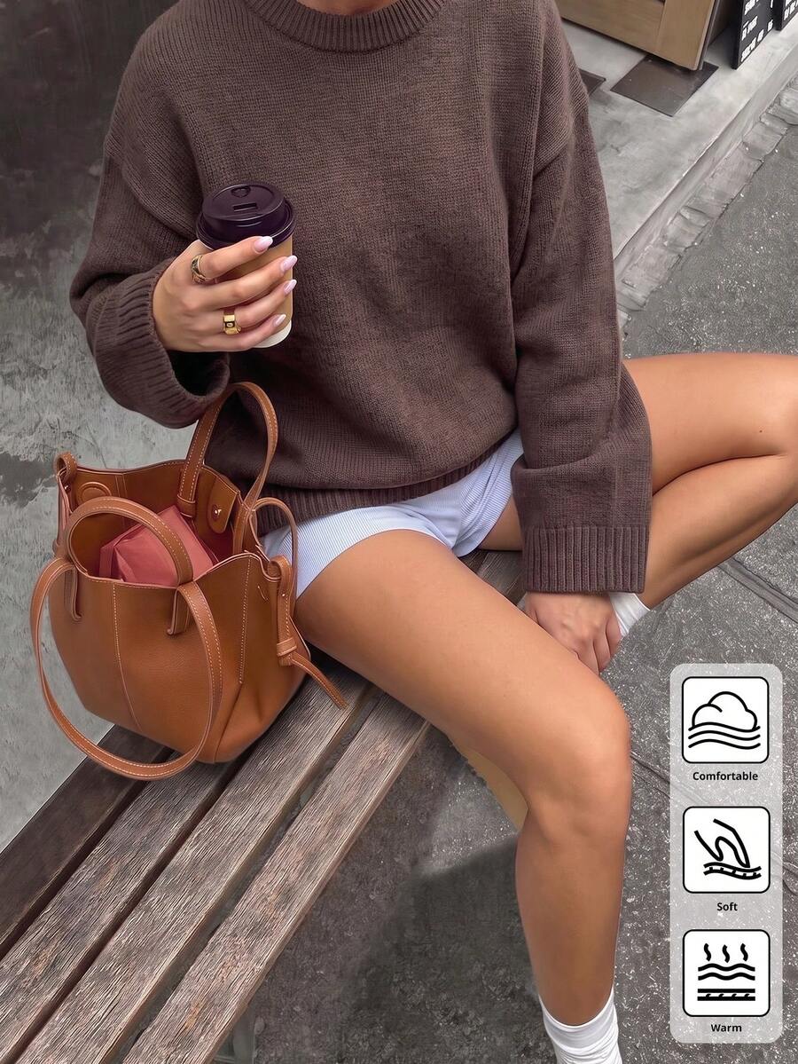 Women's Solid Dark Brown Ribbed Crew Neck Drop Shoulder Loose Knit Sweater, Minimalist Earth Tone Knit Top, Suitable For Campus Stroll And Thanksgiving Dinner - Coffee Brown - View 1