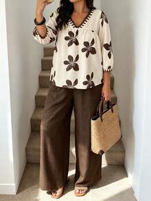 Plus Size 2-Piece Set, Floral Print V-Neck Button-Up Shirt With Bishop Sleeves And Wide Leg Pants - Multicolor - View 2