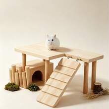 1. Hamster L-Shaped Solid Wood Platform With Ladder, Golden Hamster Landscape 2-Tier Wooden Stand - S - View 3
