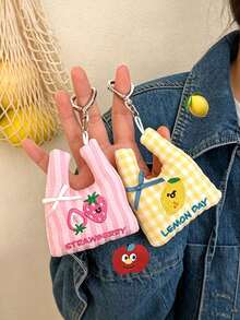 Embroidered Mini Handbag Pendant, Cute Fruit Plaid Bag Charm, Shopping Bag Pendant, Multi-Functional Backpack Accessory, Heart Buckle Keychain Bag Decoration, Holiday Gift, Birthday Gift, Shopping Bag Fruit Heart Buckle Hanging Rope, Girly Backpack Keychain Decoration Pendant, Back To School Essential Backpack Charm, Christmas Gift - Multicolor - View 5