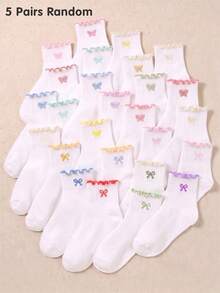 5/10/20 Pairs Random White Girls Butterfly Embroidery Bow Ruffle Socks, Back To School Season Big Girls Autumn Socks, Daily Wear, Halloween, Christmas - Multicolor - View 7