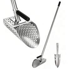 Sand Scoop For Metal Detecting, Beach Sand Sifter With 3-Part Long Handle, 8mm Hex Mesh Holes, Hand Trowel Included For Underwater Treasure Hunting, Coin Recovery & Beach Searching - A - View 1