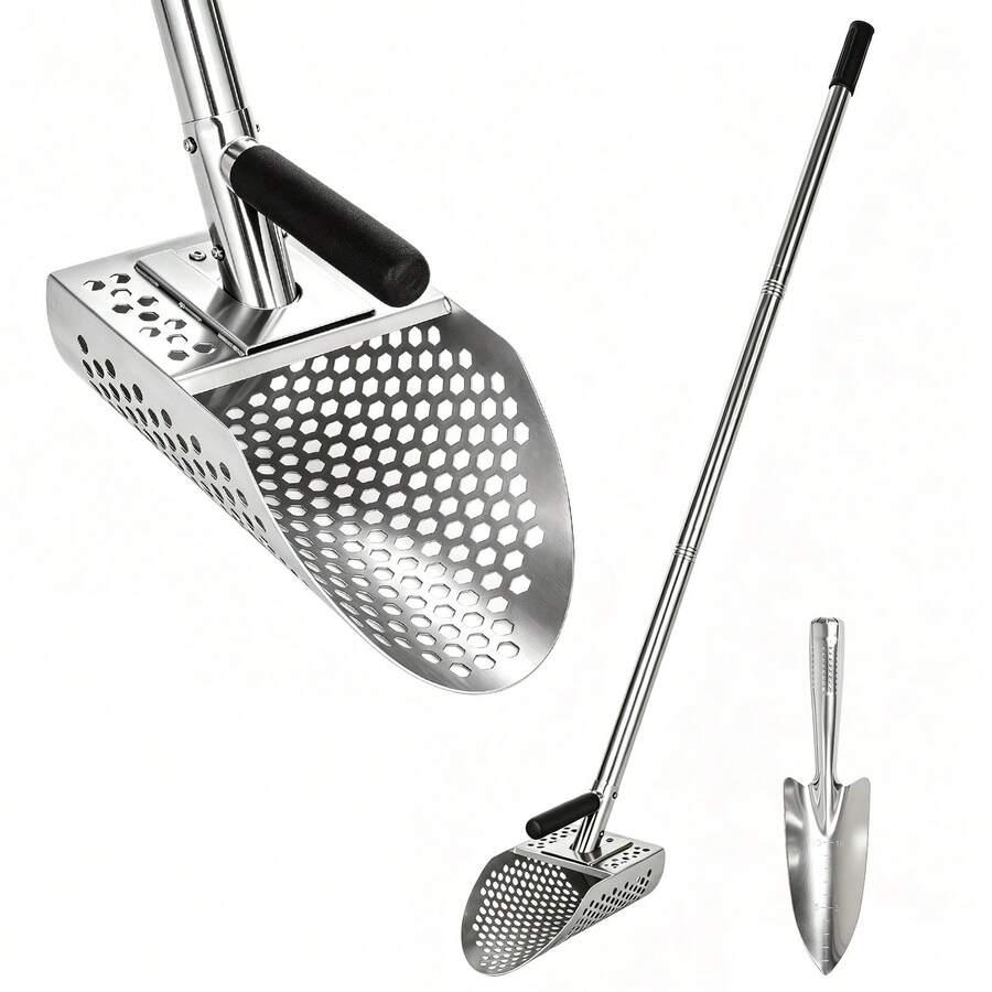 Sand Scoop For Metal Detecting, Beach Sand Sifter With 3-Part Long Handle, 8mm Hex Mesh Holes, Hand Trowel Included For Underwater Treasure Hunting, Coin Recovery & Beach Searching - A - View 1