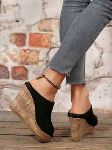 New Thick Sole Wedge High Heel Pumps Women's Sandals Platform Wood Grain Sole Open Toe Closed Back Shoes - Black - View 2